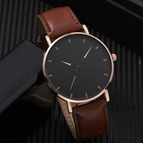 1pc Hot Selling Men's Leather Circular Pointer Watch Business Leisure Quartz Watches - Coffee