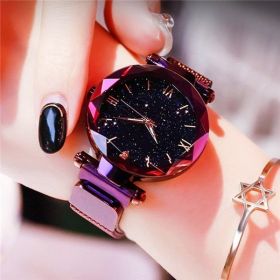 Women's Fashion Starry Sky Watches Magnet Buckle Mesh Belt Diamond Quartz Watch Women Dress Clock - Purple