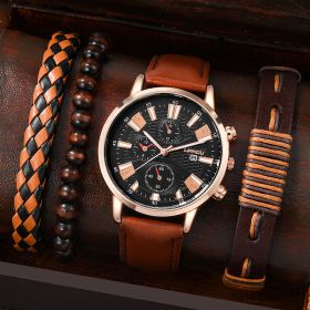 1pc Men's Nylon Business Watch Fashion Casual Round Hands Quartz Watch 3pc Bracelet - Coffee