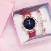 2022 Women's Watches Set Starry sky Ladies Bracelet Watch Casual Leather Sports Quartz Clock(No Box) - Red