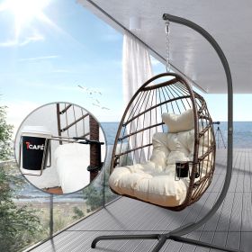 Swing Egg Chair With Stand Indoor Outdoor, UV Resistant Cushion Hanging Chair With Guardrail And Cup Holder, Anti-Rust Foldable Aluminum Frame Hammock (Option: BE)